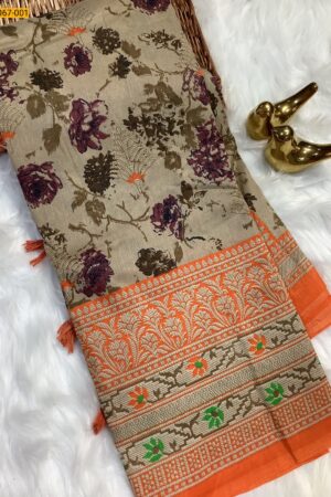 Mulmul Fancy Silk Cotton Saree(Orange border)