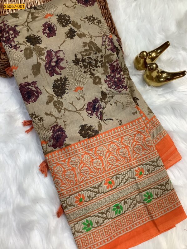 Mulmul Fancy Silk Cotton Saree(Orange border)