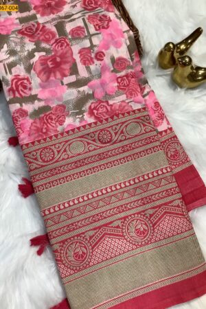 Mulmul Fancy Silk Cotton Saree(Pink Body- Pink border)