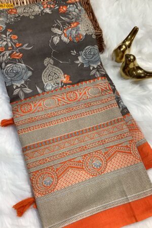 Mulmul Fancy Silk Cotton Saree(Gry body -Orange border)