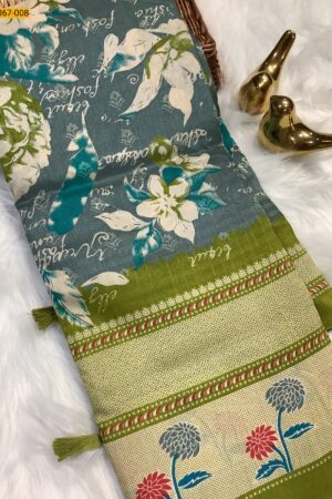Mulmul Fancy Silk Cotton Saree(Gry body -Green border)