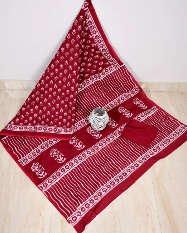Pure Soft Cotton Mulmul Bagru Hand Block Printed Saree - Image 17