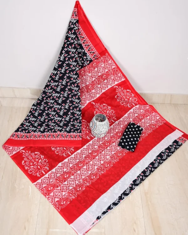 Pure Soft Cotton Mulmul Bagru Hand Block Printed Saree - Image 5