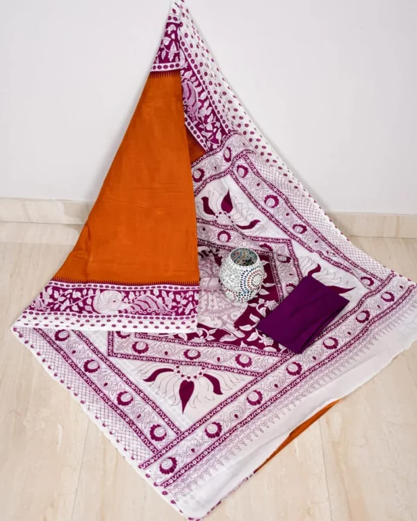 Pure Soft Cotton Mulmul Bagru Hand Block Printed Saree - Image 7