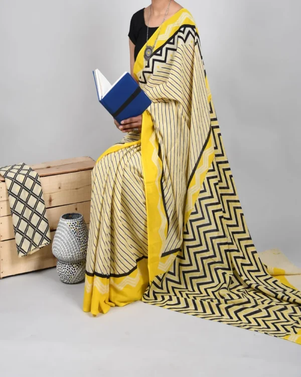 Pure Soft Cotton Mulmul Bagru Hand Block Printed Saree - Image 6
