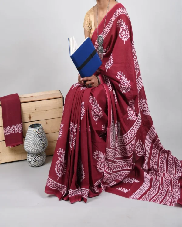 Pure Soft Cotton Mulmul Bagru Hand Block Printed Saree - Image 20