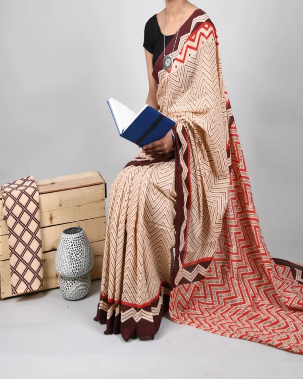 Pure Soft Cotton Mulmul Bagru Hand Block Printed Saree - Image 17