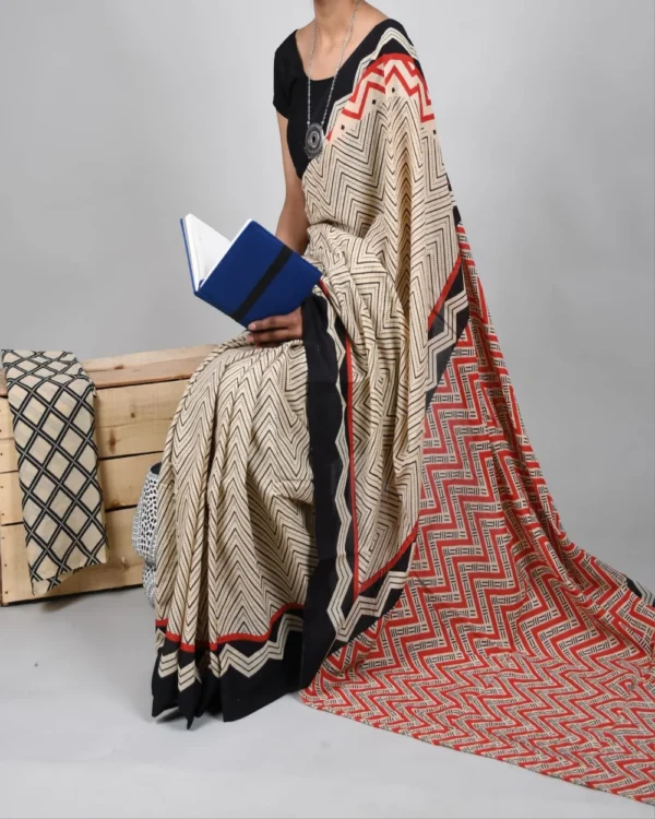 Pure Soft Cotton Mulmul Bagru Hand Block Printed Saree - Image 10