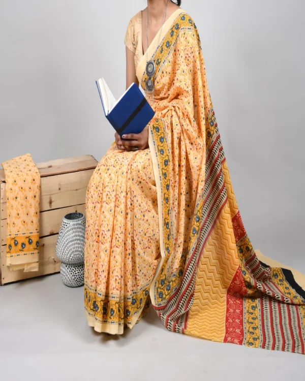 Pure Soft Cotton Mulmul Bagru Hand Block Printed Saree - Image 14