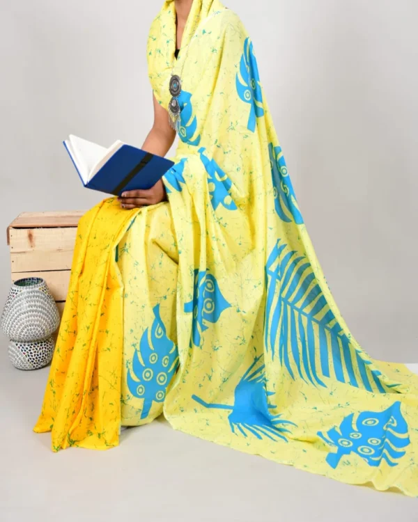 Pure Soft Cotton Mulmul Bagru Hand Block Printed Saree - Image 5