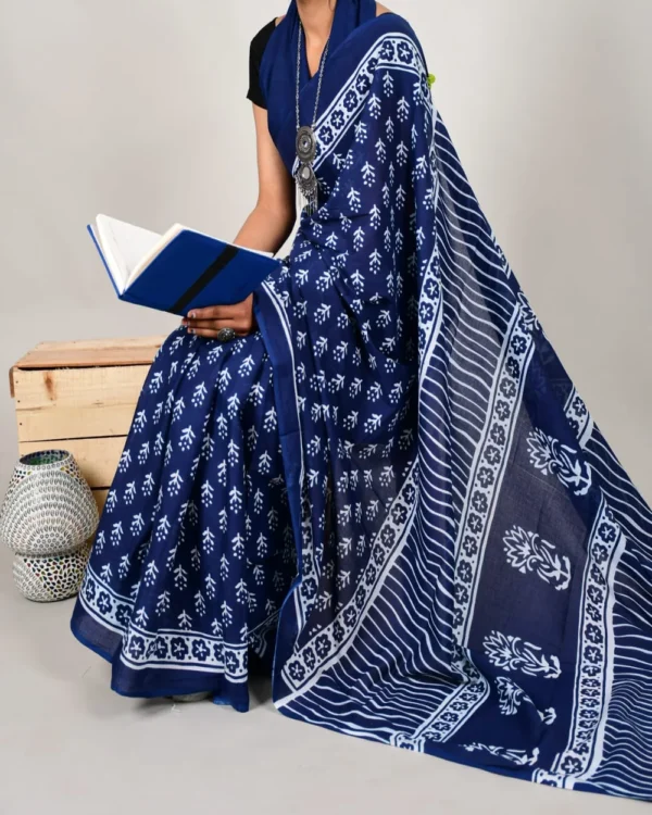 Pure Soft Cotton Mulmul Bagru Hand Block Printed Saree - Image 12