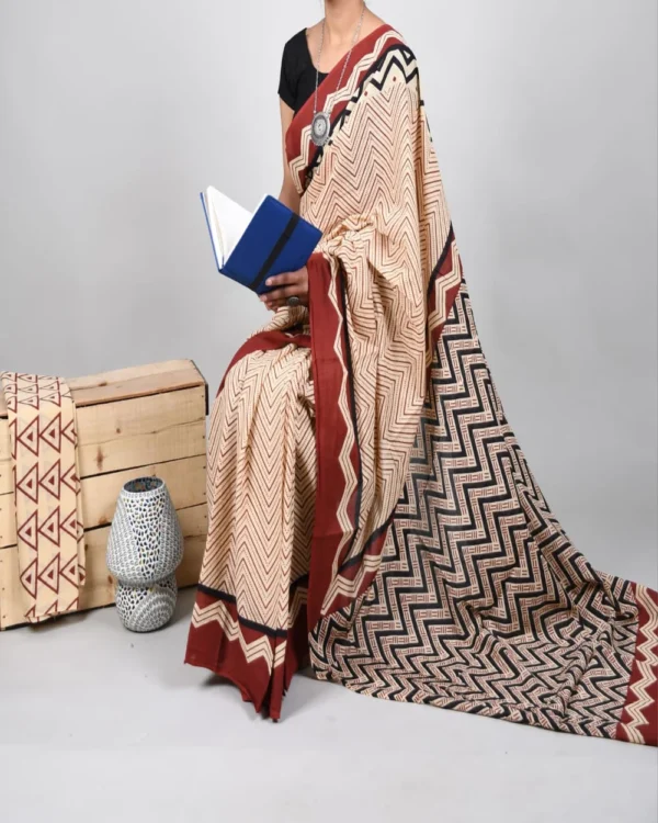 Pure Soft Cotton Mulmul Bagru Hand Block Printed Saree - Image 11
