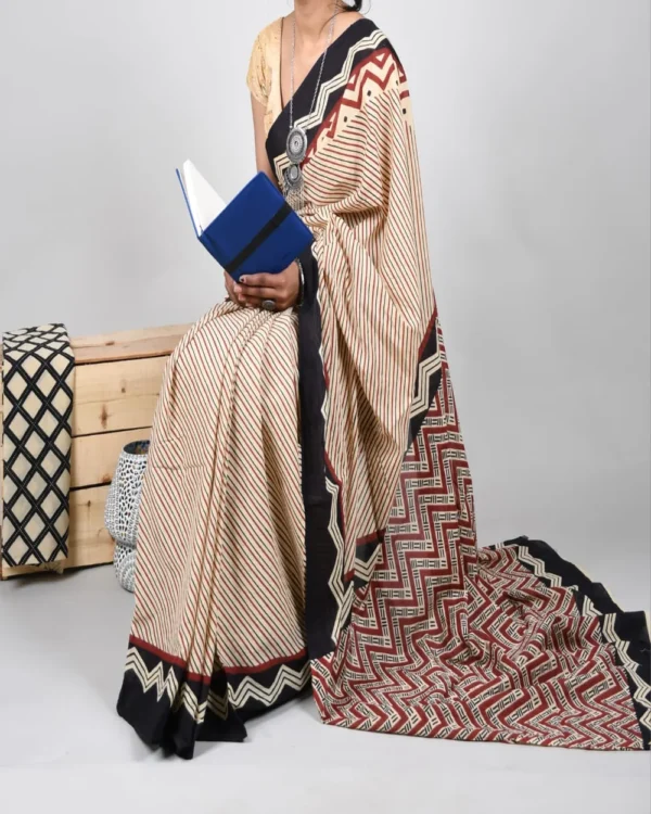 Pure Soft Cotton Mulmul Bagru Hand Block Printed Saree(2) - Image 3