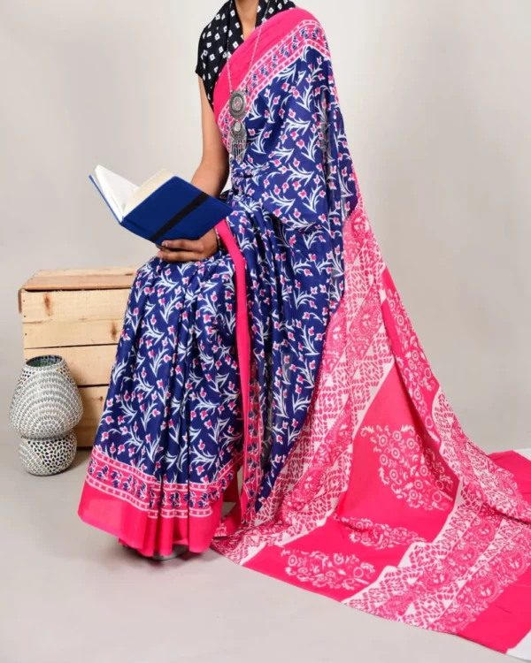 Pure Soft Cotton Mulmul Bagru Hand Block Printed Saree(2) - Image 11