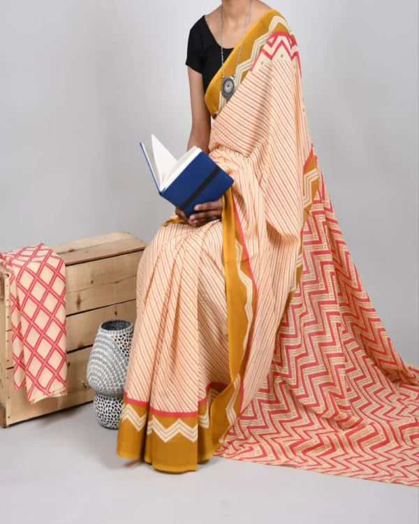 Pure Soft Cotton Mulmul Bagru Hand Block Printed Saree(2)