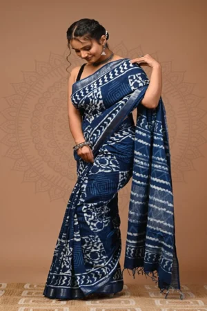 Pure Soft Linen Cotton Bagru Hand Block Printed Saree