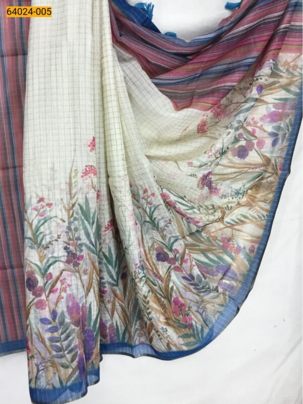 Linen Cotton Digital Floral Printed Sarees(Blue Border)