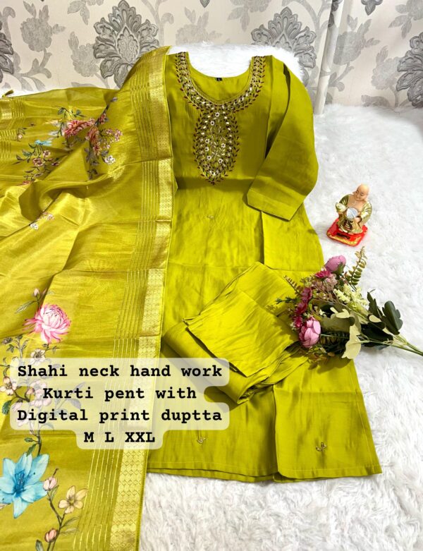 Kurti with Dupatta and Pant Set(Leaf Green) - Image 2