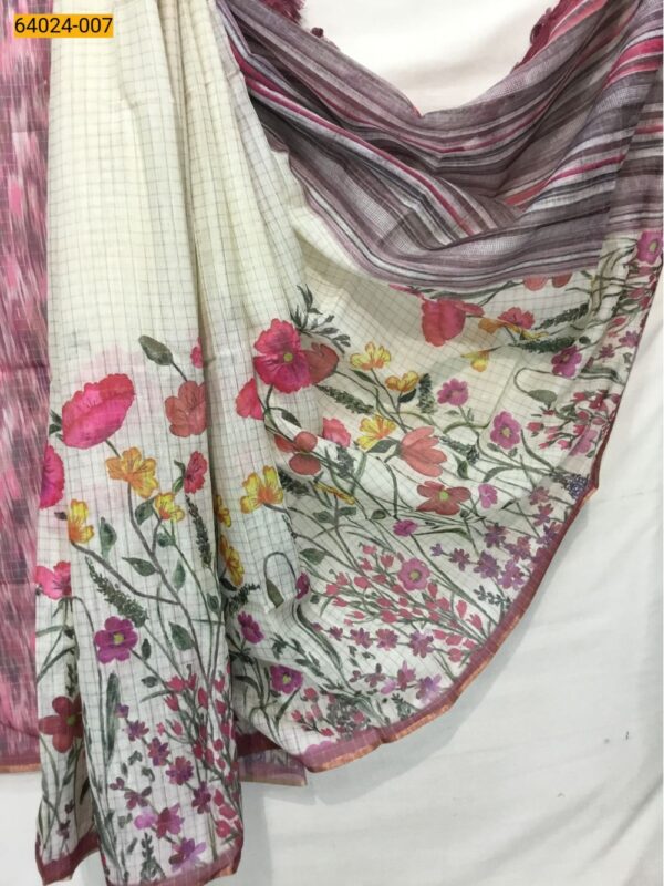 Linen Cotton Digital Floral Printed Sarees(Baby Pink Border)