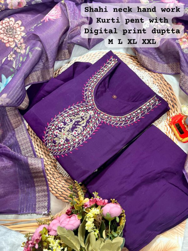 Kurti with Dupatta and Pant Set(Levender) - Image 2
