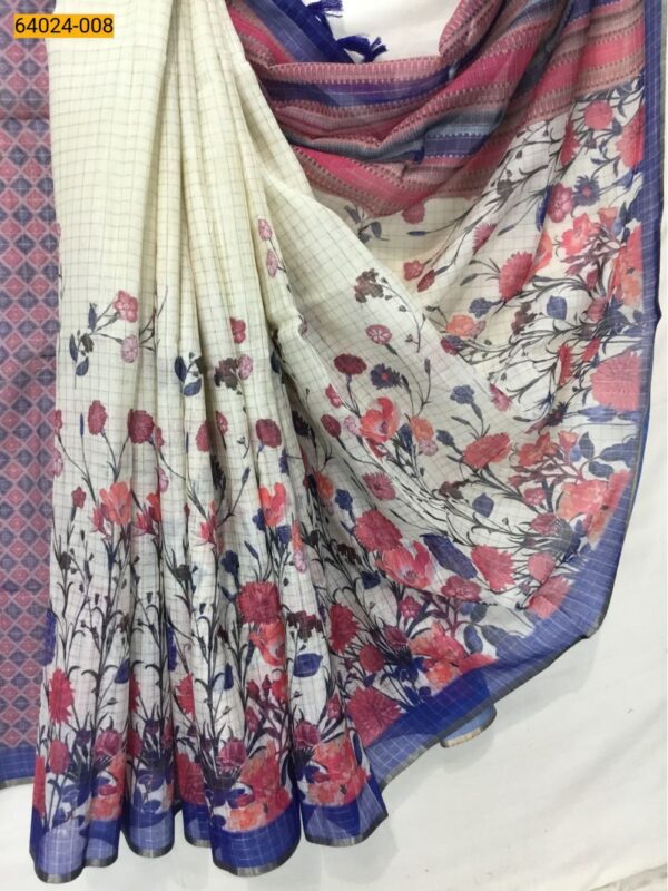 Linen Cotton Digital Floral Printed Sarees(Blue Border)