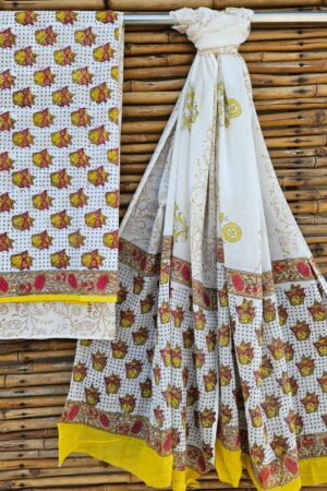 New Arrival – Pure Cotton Bagru Print Suit Sets with Mulmul Dupatta(White-Yellow)