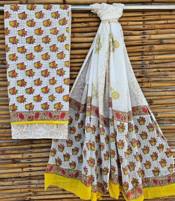 New Arrival – Pure Cotton Bagru Print Suit Sets with Mulmul Dupatta(White-Yellow)