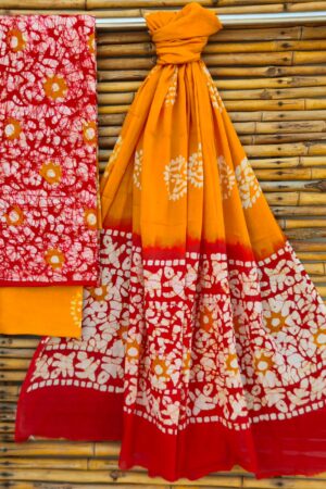 New Arrival – Pure Cotton Bagru Print Suit Sets with Mulmul Dupatta(Yellow-Red)