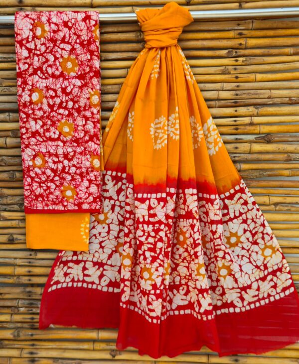 New Arrival – Pure Cotton Bagru Print Suit Sets with Mulmul Dupatta(Yellow-Red)