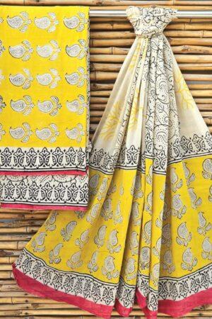 New Arrival – Pure Cotton Bagru Print Suit Sets with Mulmul Dupatta(Yellow)