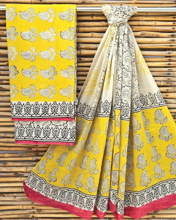 New Arrival – Pure Cotton Bagru Print Suit Sets with Mulmul Dupatta(Yellow)