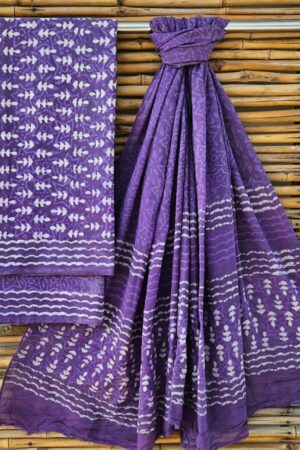 New Arrival – Pure Cotton Bagru Print Suit Sets with Mulmul Dupatta(Violet-White-1)