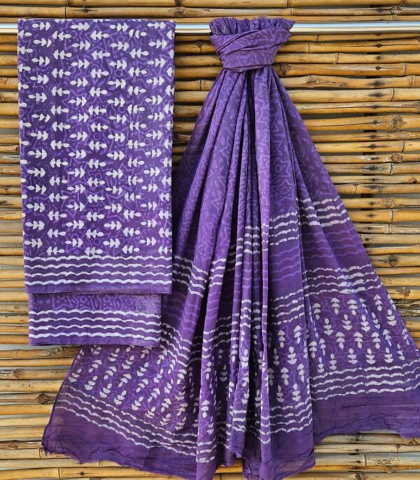 New Arrival – Pure Cotton Bagru Print Suit Sets with Mulmul Dupatta(Violet-White-1)