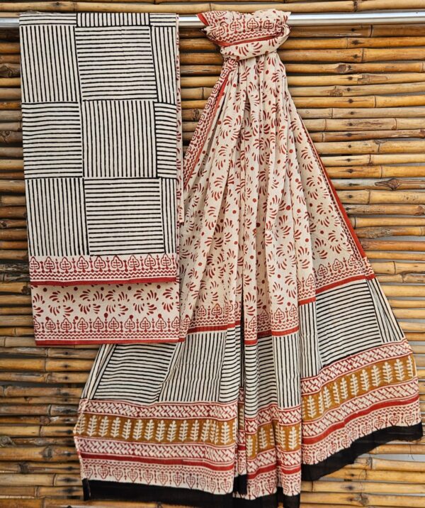 New Arrival – Pure Cotton Bagru Print Suit Sets with Mulmul Dupatta(Red-White-Black)
