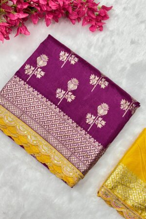 Premium Quality Dola Silk with Contrast Cutwork Lace Border Saree(Violet with Yellow )