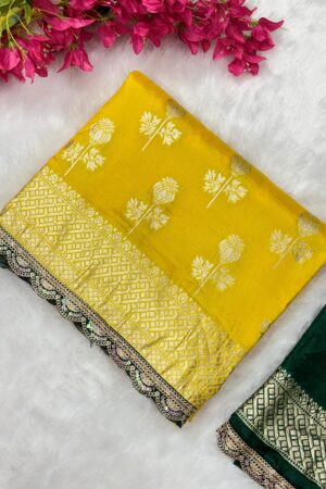 Premium Quality Dola Silk with Contrast Cutwork Lace Border Saree(Lemon Yellow with Betel Green)
