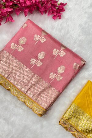 Premium Quality Dola Silk with Contrast Cutwork Lace Border Saree(Baby Pink with Yellow)