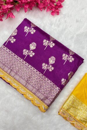 Premium Quality Dola Silk with Contrast Cutwork Lace Border Saree(Maroon with Yellow)
