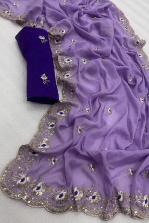 Star Georgette Silk Saree with Heavy Embroidery(Purple)