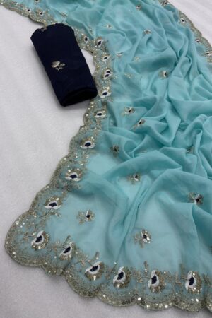 Star Georgette Silk Saree with Heavy Embroidery(Sky Blue)