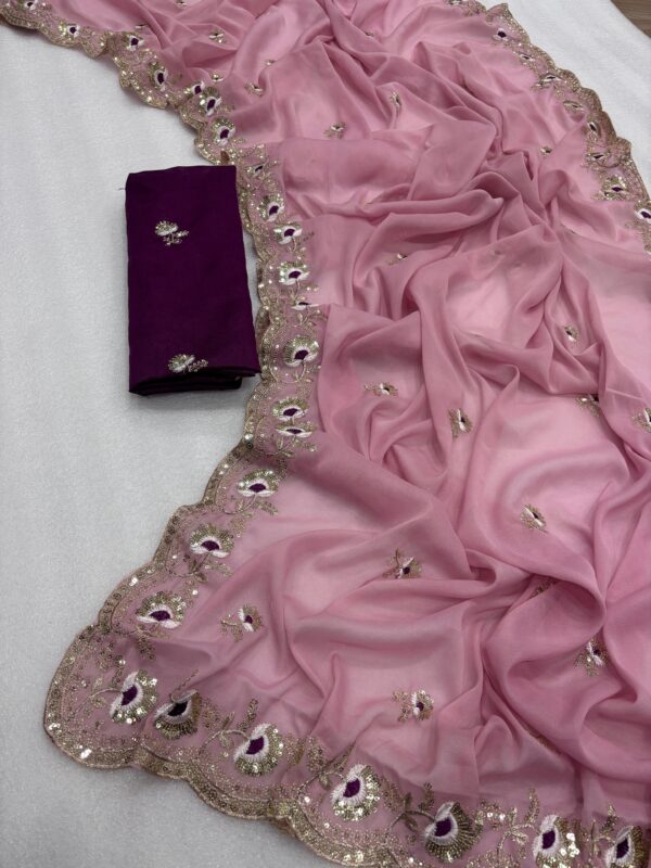 Star Georgette Silk Saree with Heavy Embroidery(Onion Pink)