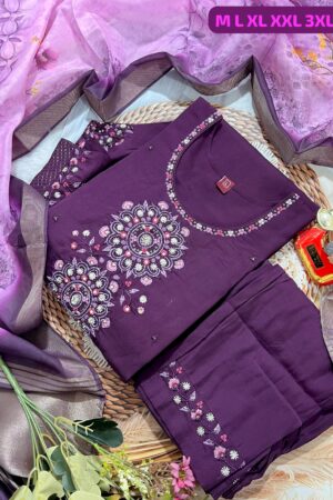 Handwork Kurti with Dupatta & Pant Set(Metallic Maroon)