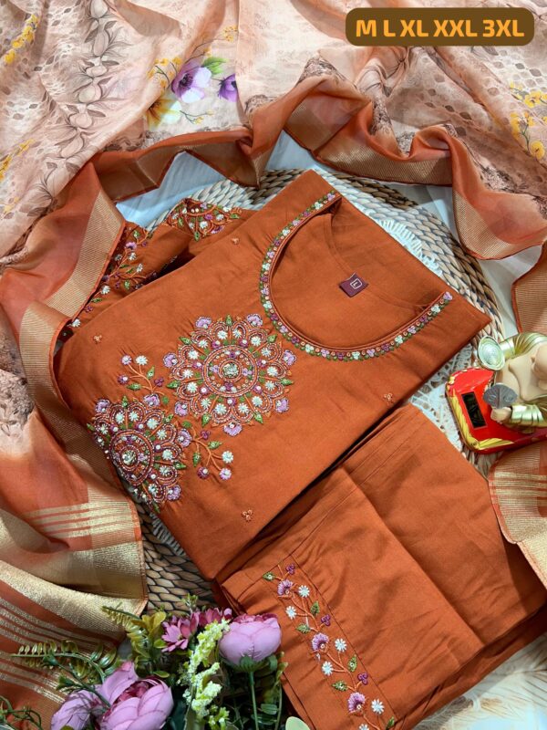 Handwork Kurti with Dupatta & Pant Set(Ochre)