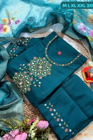Handwork Kurti with Dupatta & Pant Set(Blue)