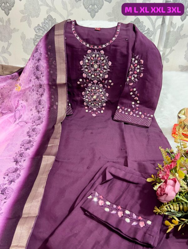 Handwork Kurti with Dupatta & Pant Set(Metallic Maroon) - Image 2