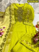 Handwork Kurti with Dupatta & Pant Set(Lemon Yellow)