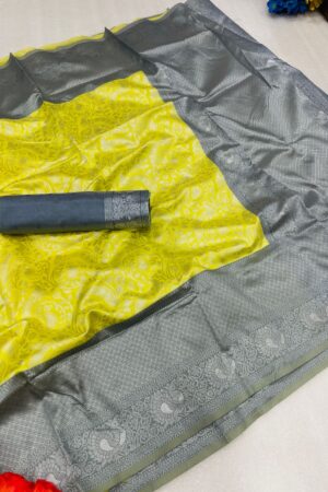 Lichi Silk Silver Jari Weaving(Lemon Yellow)