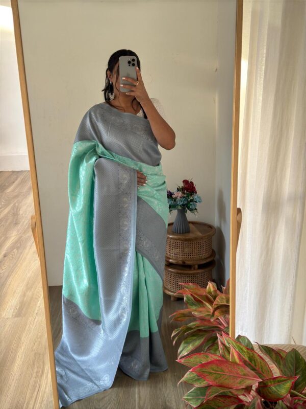 Lichi Silk Silver Jari Weaving(Sea Blue) - Image 2