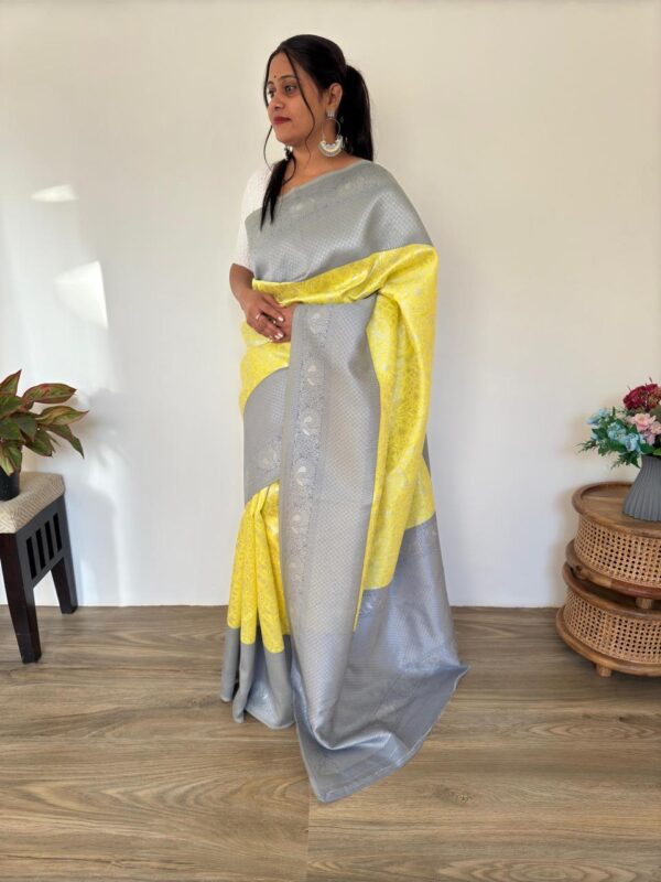 Lichi Silk Silver Jari Weaving(Lemon Yellow) - Image 2