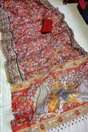 Elegant Linen Sarees – Kalamkari Digital Print Collection(Red - Yellow)